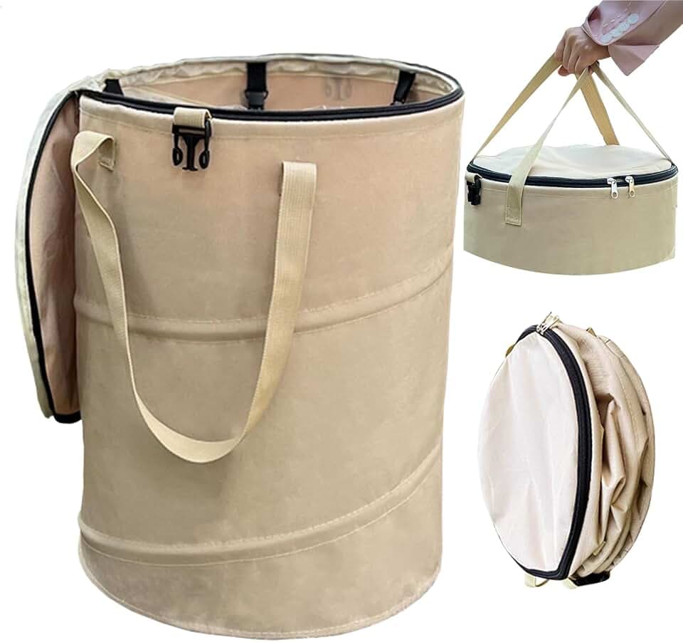 Pop up Camping Trash can with lid,Collapsible 24 Gallons Trash can with Sorting Clips,Garden Garbage Bag with Lid,Lawn and Leaf Bags - Reusable Yard Waste Bags (Beige Coffee)