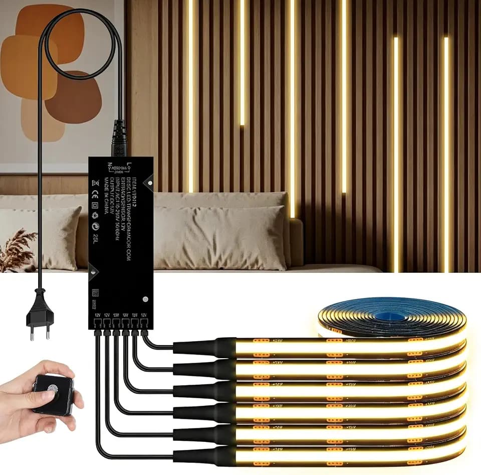 COB LED Streifen 12V, 6x1M Warmweiß 3000K Dimmbar LED Lichtleisten mit Berührungsschalter für Akustikpaneele, Schrank, Vitrine, Küche, Weinschrank, Regalbeleuchtung