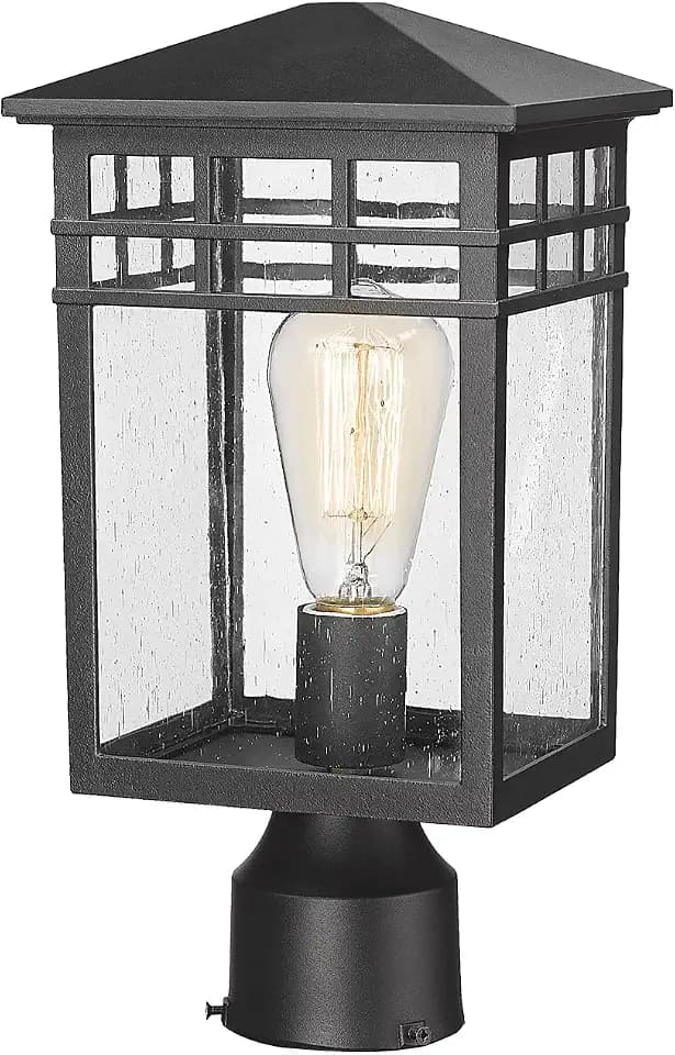 Outdoor Post Light Fixture, Modern Exterior Pillar Lantern with Black Finish & Seeded Glass, Pole Light for Garden, Backyard, Courtyard, Patio, Porch, RZ009-P BK