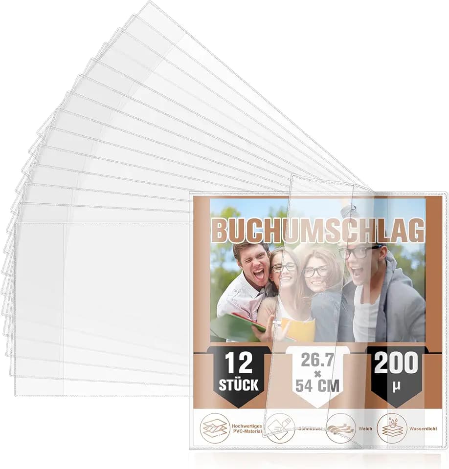 12 Stück Buchumschläge Schulbücher Höhe 26,5 x 54 cm Transparent PVC 200µ Buchhülle mit Kantenschutz Sparpack für Schüler Bücherliebhaber