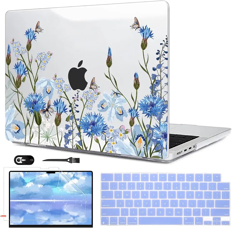 for MacBook Pro 14 inch Case M5 M4 M3 M2 M1 Pro/Max 2026-2021 Model A3426 A3427 A3434 A3401 A3112 A2992 A2918 A2779 A2442, Pattern Hard Shell Case Protective Cover, Tropical Blue Flowers