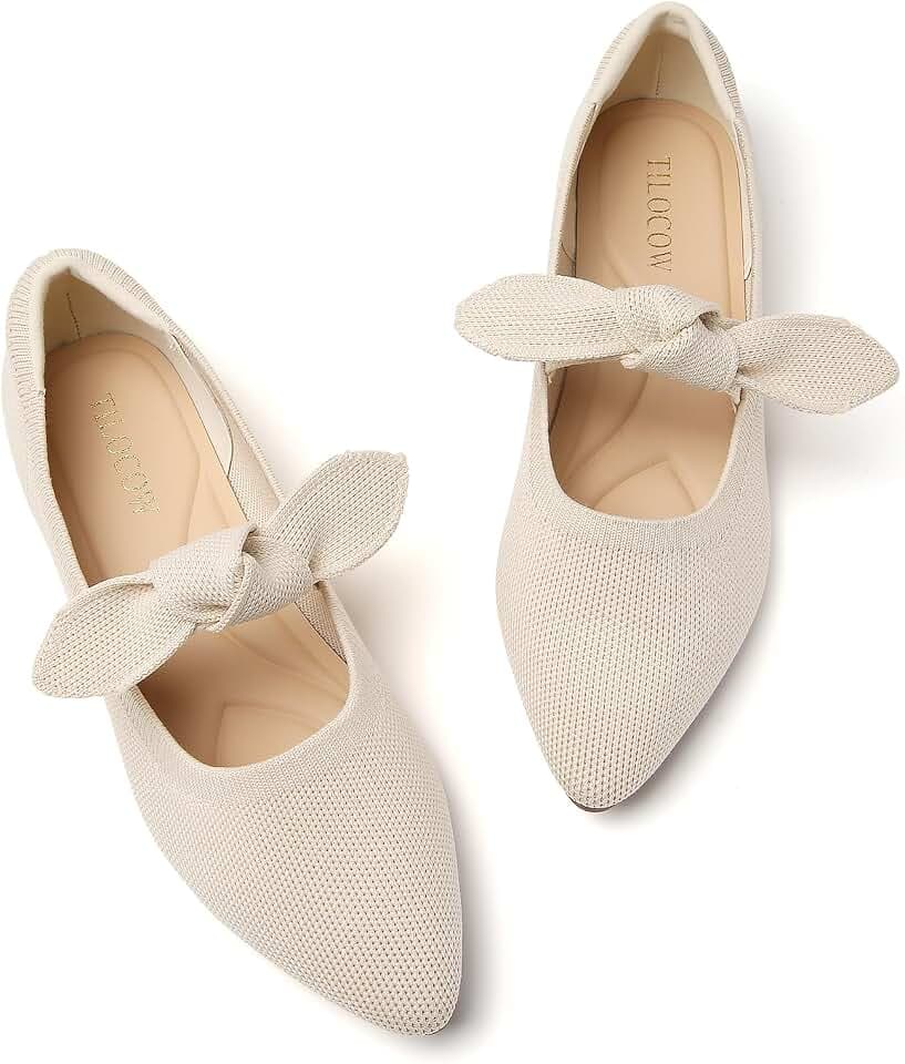 Tilocow Women's Ballet Flats Work Dressy Pointed Toe Bow Shoes
