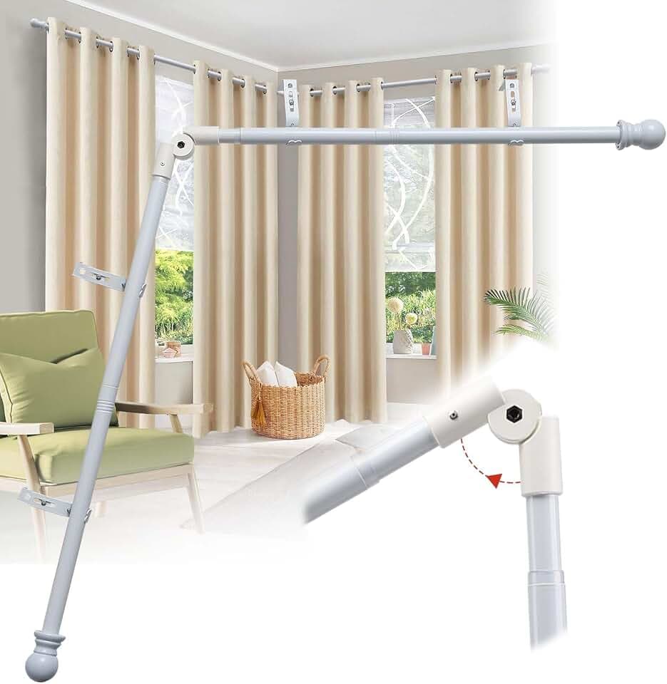 Gardinenstange für Erkerfenster, Verstellbare Eckgardinenstange L-förmig 76-345cm, Stabile 25mm Metall-Stange Weiß für Eck- und Schrägfenster im Wohnzimmer & Schlafzimmer