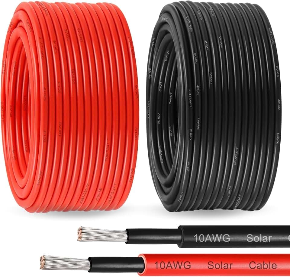 Solar Panel Wire 10 AWG(6mm²) - Solar Extension Cable 100Ft Black & 100Ft Red 10 Gauge Tinned Copper PV Wire for Outdoor Automotive RV Solar Panel Boat Marine (Black+Red)