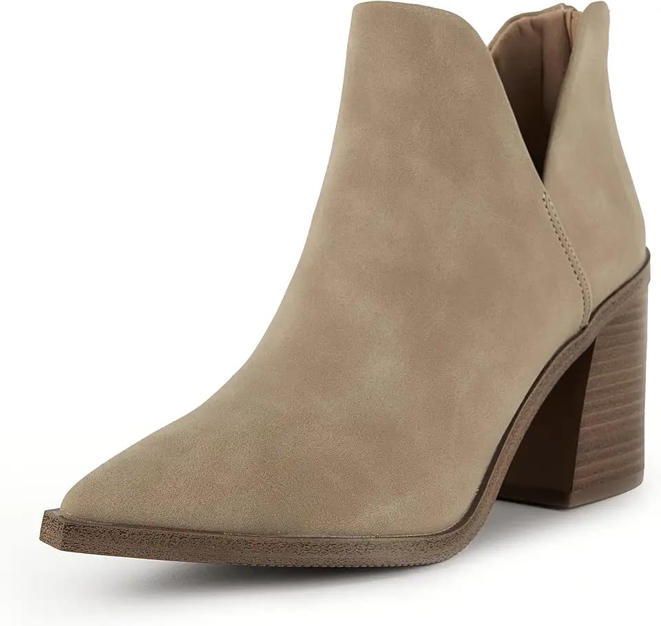 Kathemoi Womens Slip on Ankle Boots V Cutout Pointed Toe Chunky Stacked Mid Heel Booties