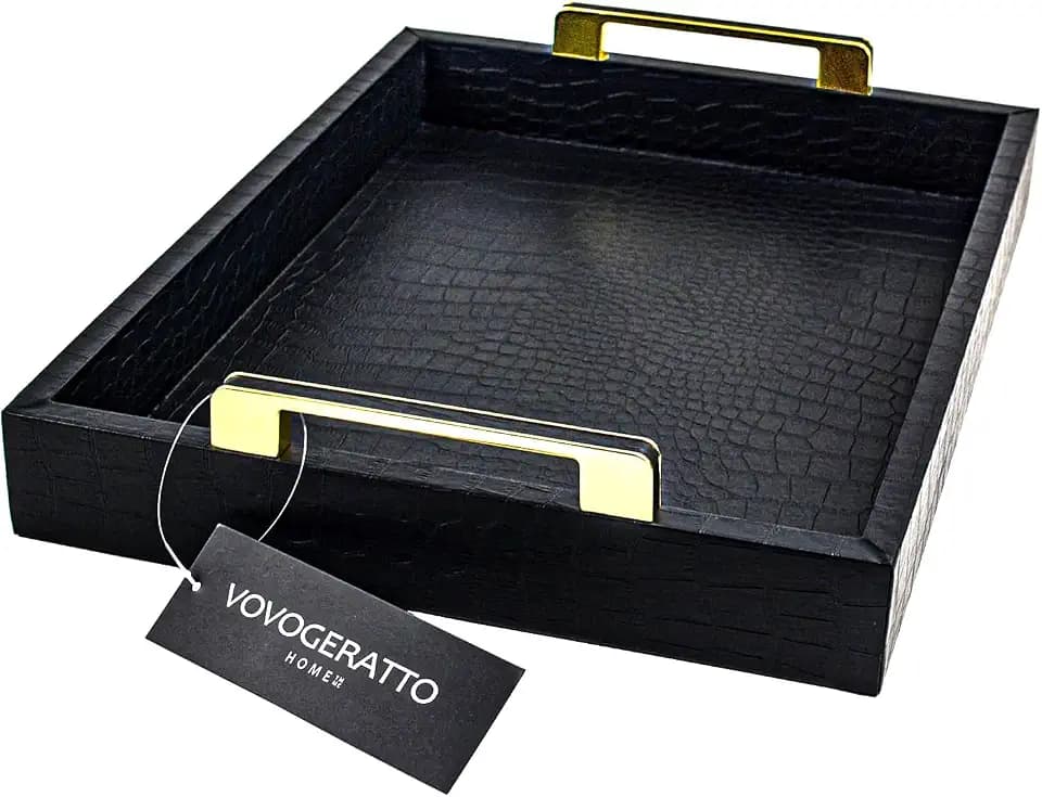 Black Serving Tray with Handles, Large Alligator Faux Leather Decorative Tray, Coffee Table, Ottoman Rectangular Trays for Home Decor, for All Occasions,16" x 12"