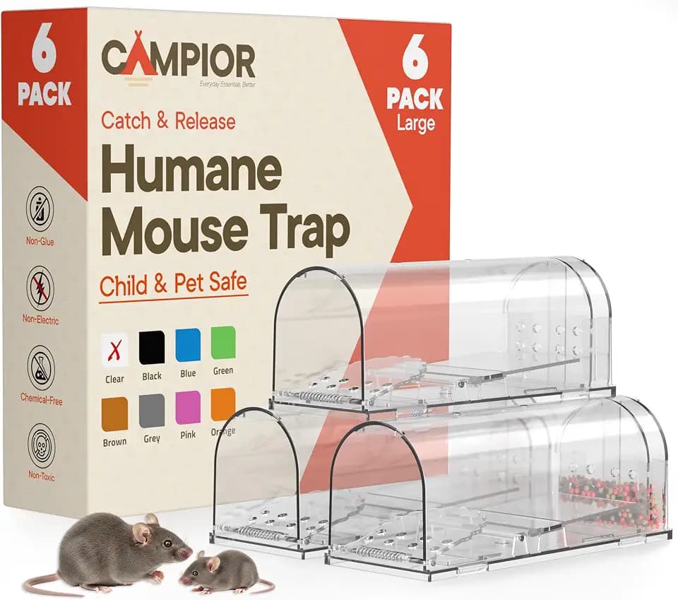 Campior Humane Mouse Trap Pack of 6, Live Mouse Traps Catch and Release for Indoors & Outdoors, Pet & Child Safe, 7.87" Reusable Plastic Mouse Cage with Spring Door, Cleaning Brush Included, Clear