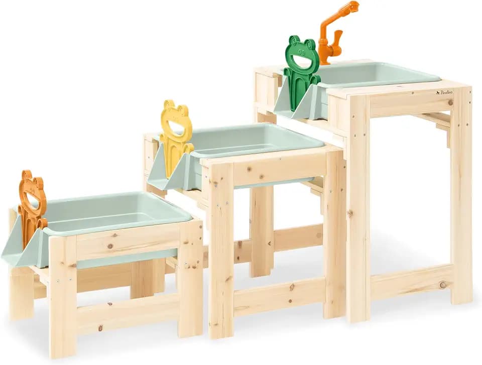 PINOLINO Wasserspieltisch-Set Frolino, 3-teilig, Outdoor Wasserspielzeug für Kinder, Gartenspielzeug aus Holz, mit Wasserhahn & Schlauchanschluss, 3 Spieltische inkl. Wannen, ab 3 Jahren