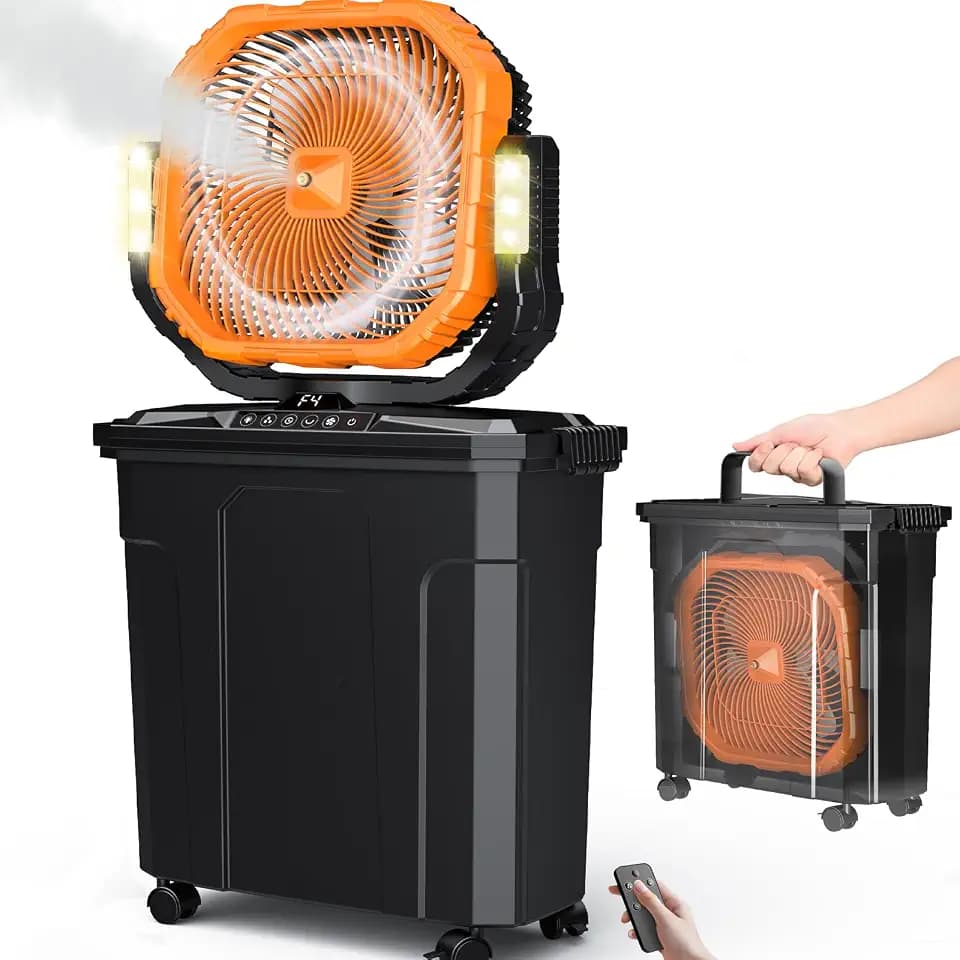 Ausic 5 Gal 12" Portable Misting Fan for Outside Patios, 30000mAh Outdoor Rechargeable Battery Oscillating Fan with Remote, Cooling Camping Dugout Fan with Light/Timer/Caster, Summer Essential
