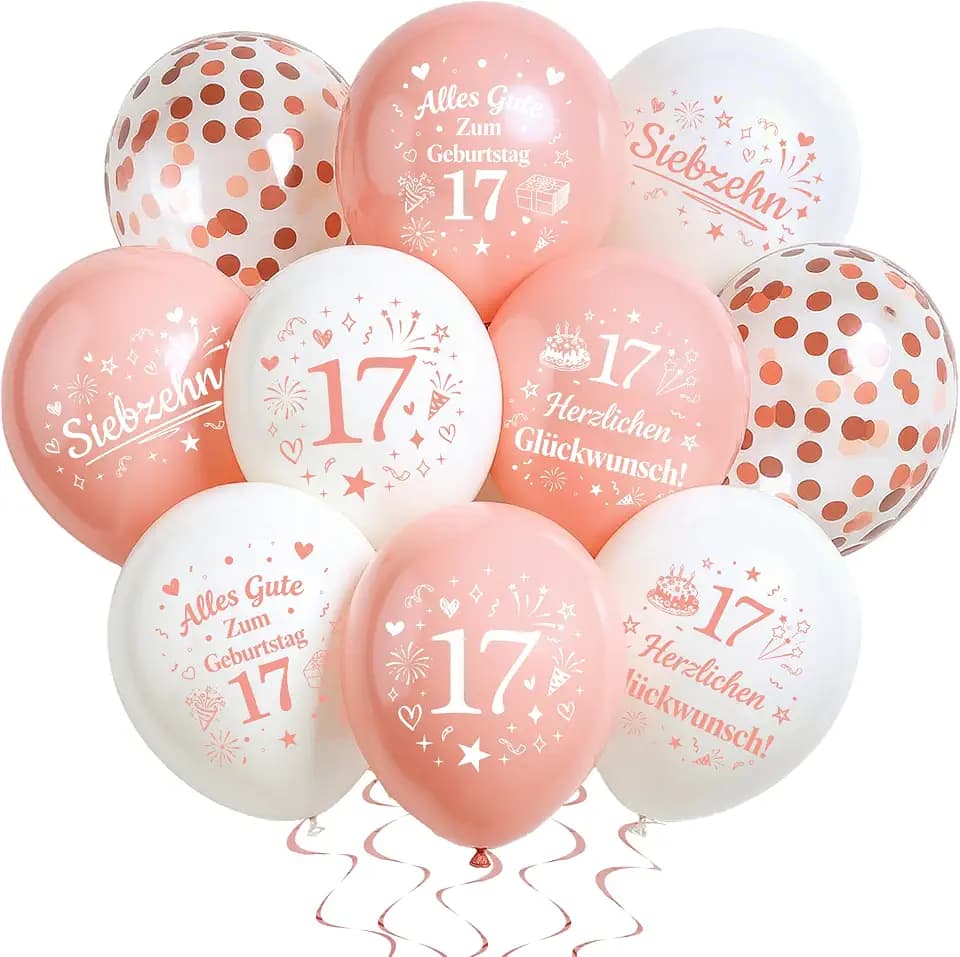 Deko 17. Geburtstag Ballon Roségold Weiß, 34 Stück Geburtstagsballons, Alles Gute Zum Geburtstag 17 und Deutschen Sprüchen, 12 Zoll Latexballons mit Konfetti für 17 Geburtstagsdeko Mädchen
