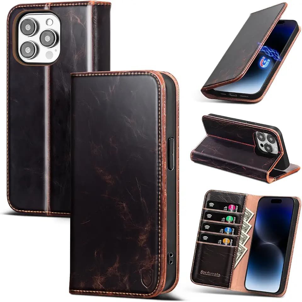 for iPhone 14 Pro Max Wallet Case with Card Holder,Coffee
