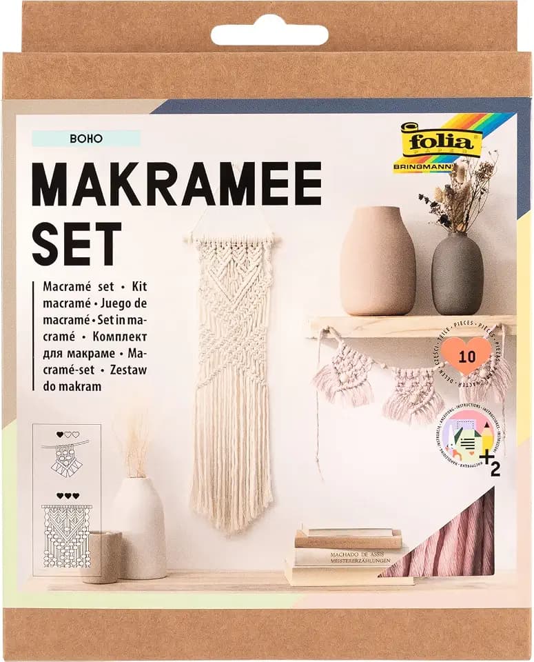 folia 23719 - Makramee Set Boho, 10-teilig, Garn (natur beige), Garn (rose), Holzstab, Holzperlen, 100 % Baumwolle, mit Anleitung, zum Basteln und Knüpfen