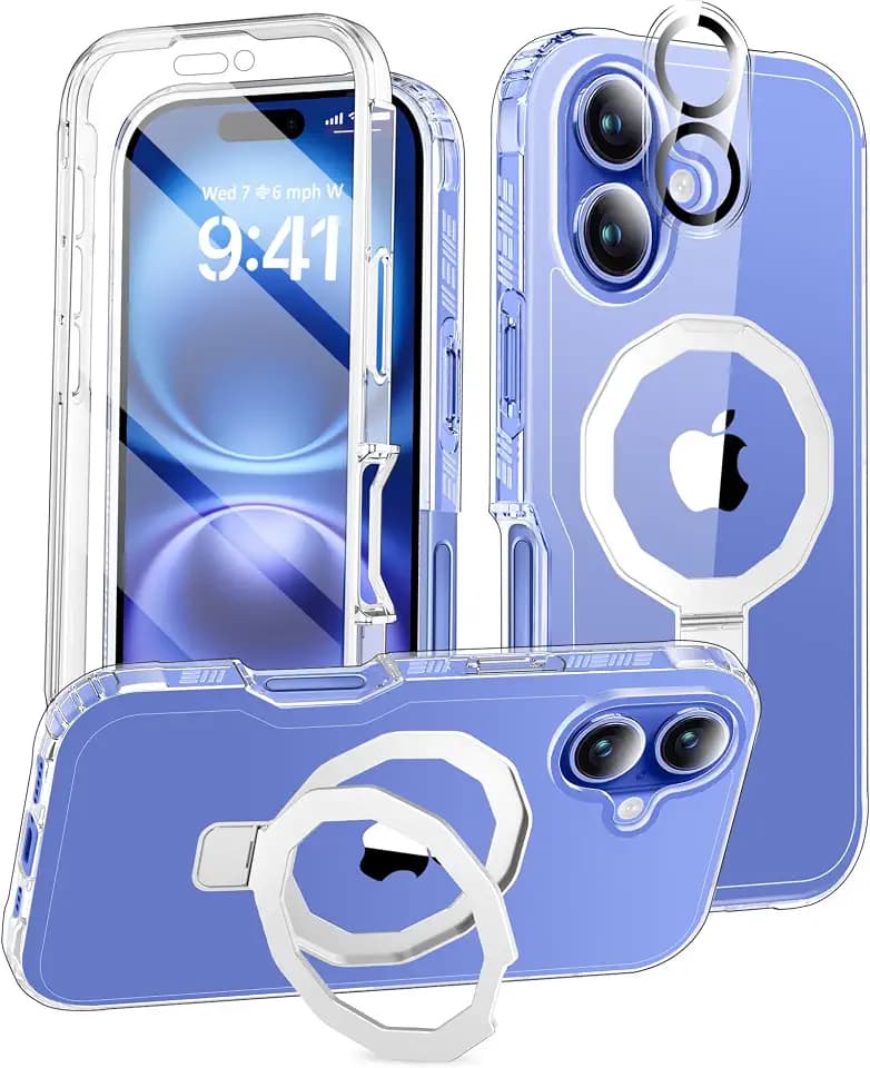 for iPhone 16 Case, Built-in Screen Protector & Stand, Clear