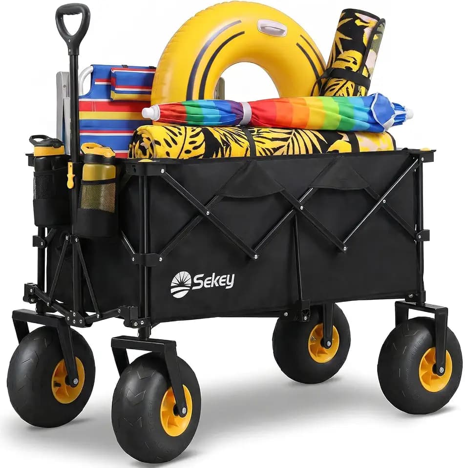 Sekey Heavy Duty Beach Wagon with 9" Big Sand-Proof Wheels – 600lb Capacity, 200L Oversized Foldable Cart | Adjustable Handle & All-Terrain Tires for Sand, Camping, Groceries