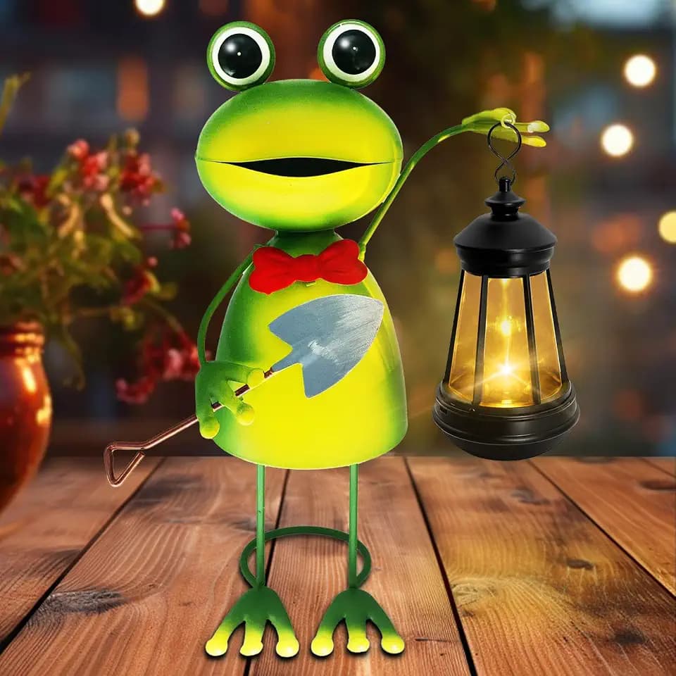 Solar Garden Lights Frog Statue with Solar Lantern,13.78in Tall Frog Decor