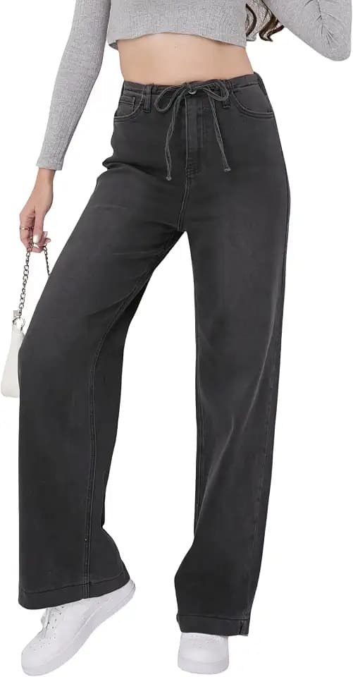 Women's Mid Blue Wide Leg Jeans - High Waist with Rhinestone Drawstring, Stretchy Comfort Fit