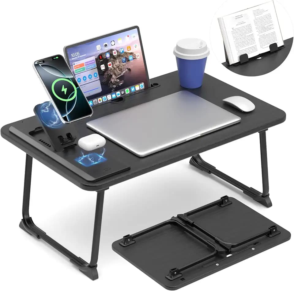 Lap Desk Bed Table with Wireless Charger - Foldable Large Laptop Tray with Tablet Slot and Book Shelf, No Assembly Table for Couch Chair Floor for Sturdy, Writing, Studying Eating, and WFH