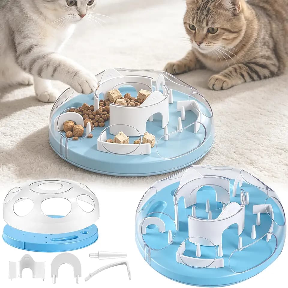 Fummelbrett für Katzen, Katzenfutter Spielzeug Interaktiver Katzen Labyrinth Fütterung Leckerli Spender Katzen Futterspiel Mehrere einstellbare Schwierigkeitsgrade Anti Rutsch Boden (Blau)