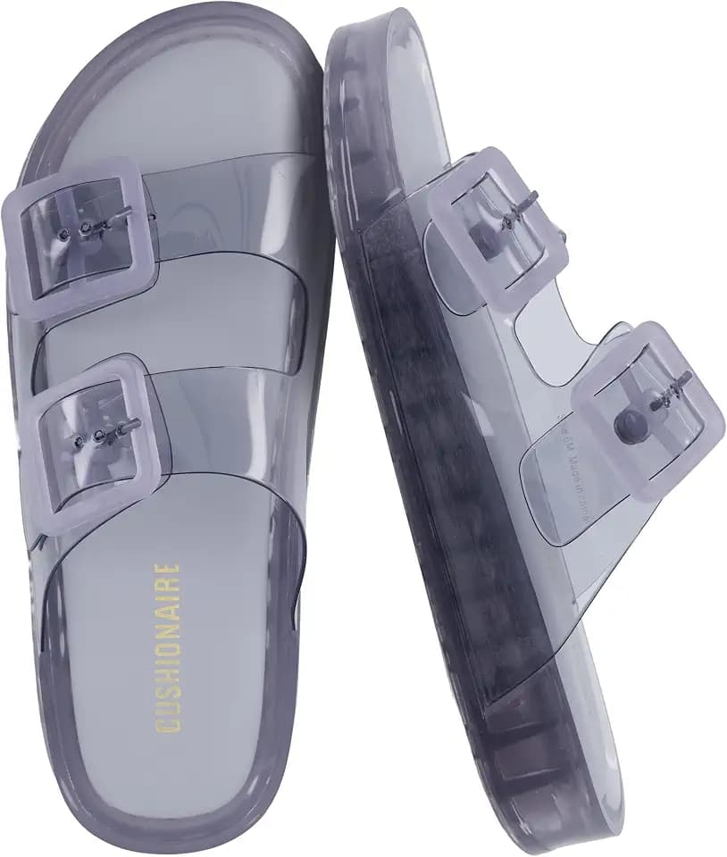 CUSHIONAIRE Pool Slides for Women Water Resistant Double Buckle Adjustable Slip-On Womens Sandals for Beach Shower Casual Wear