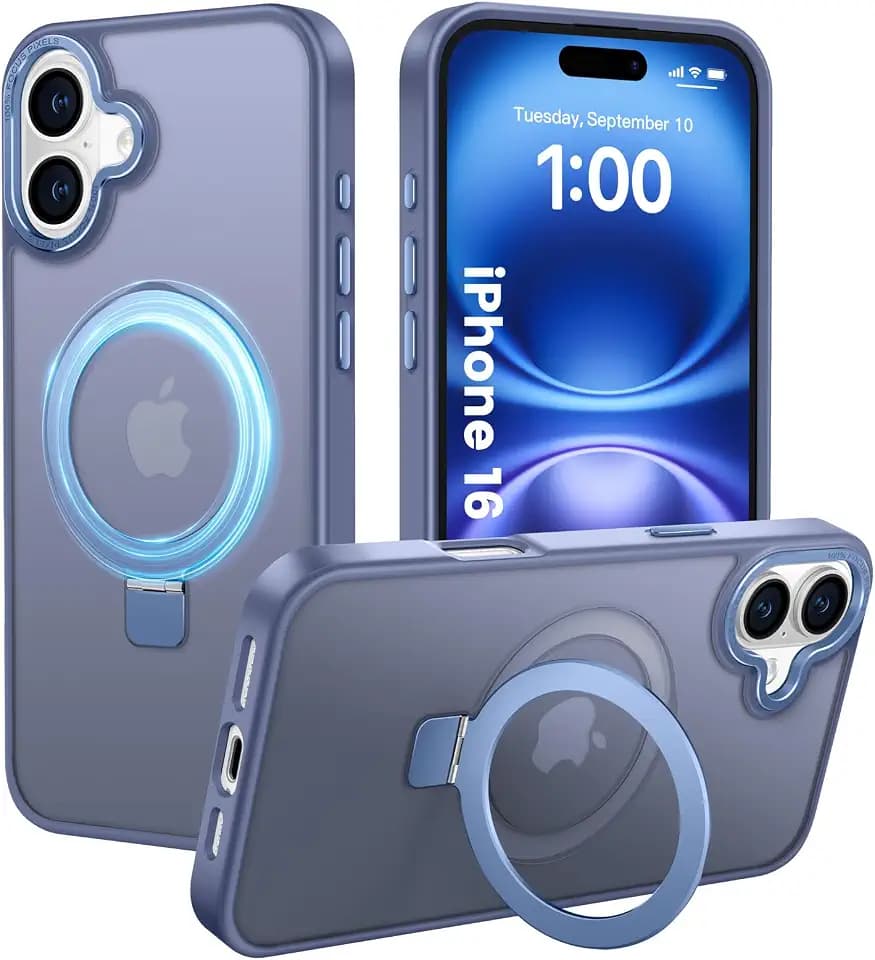 for iPhone 16 Case with Magnetic Ring Stand, Light Blue