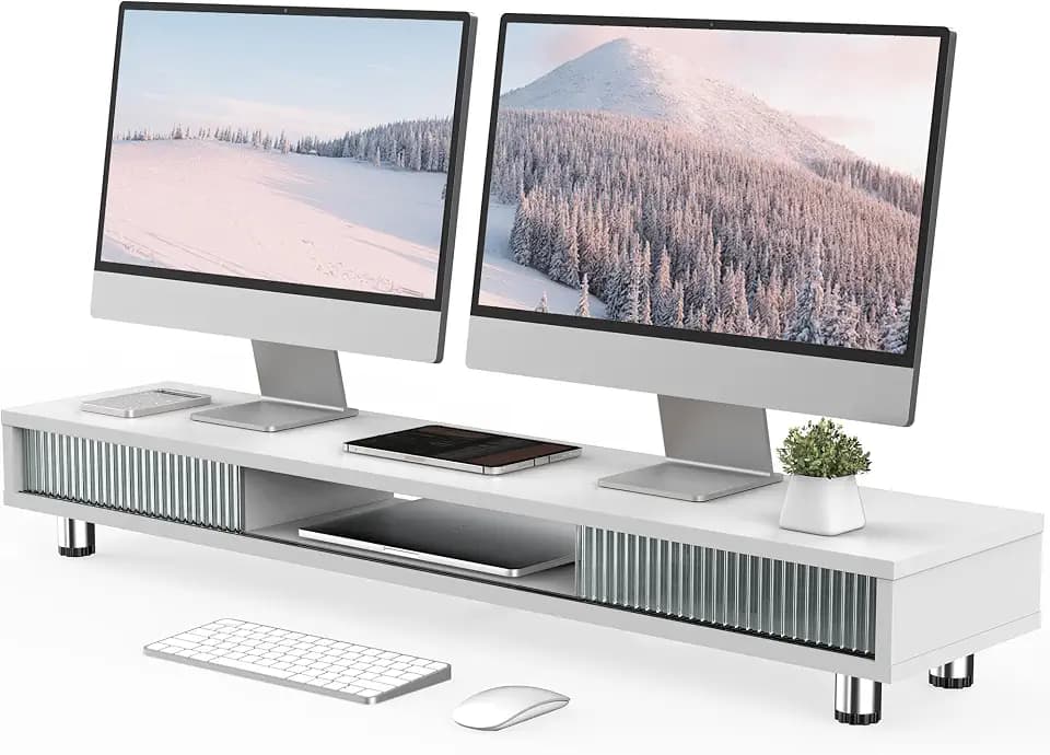 Fenge Dual Monitor Stand with Storage, Desk Shelf with Glass Sliding Door
