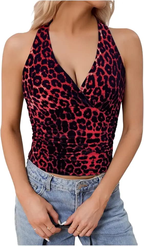 WDIRARA Women's Leopard Print Halter Crop Cami Top