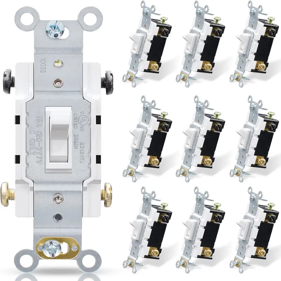 ELEGRP 4 Way Toggle Light Switch, 15 Amp, 120-277V, Toggle Framed AC Quiet Switch, in Wall On/Off Switch, Self-Grounding, Residential and Commercial Grade, UL Listed (10 Pack, Glossy White)