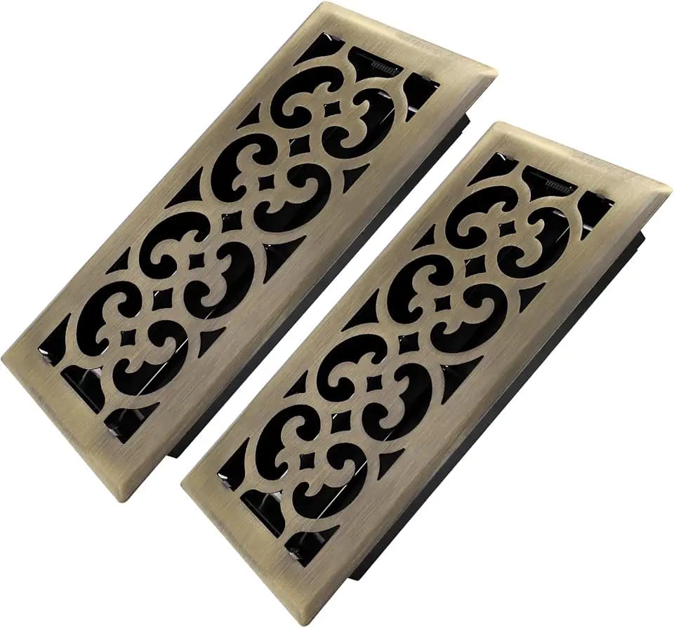 Howeall 4x10 Inches 2 Pack Heavy Duty Walkable Floor Register Easy Adjust Air Supply Lever Floor Vents - Charlotte Design - Vent Cover for Home Floor - Antique Brass