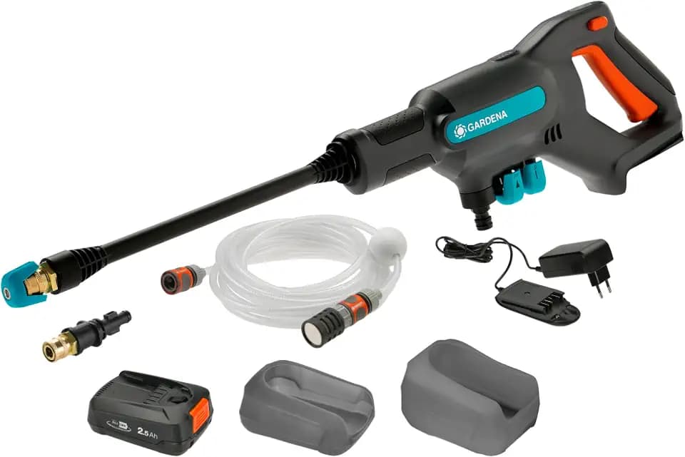 Gardena Akku-Mitteldruckreiniger AquaClean 24/18V P4A Ready-to-Use Set: Verstellbarer Wasserdruck, Düsenaufsätze, 3 Reinigungsmodi, Mobiles Reinigungsgerät, Kabellos (14800-20)