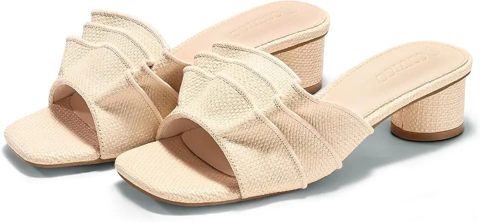 Coutgo Womens Raffia Chunky Heels Sandals Square Open Toe Slip On Shoes