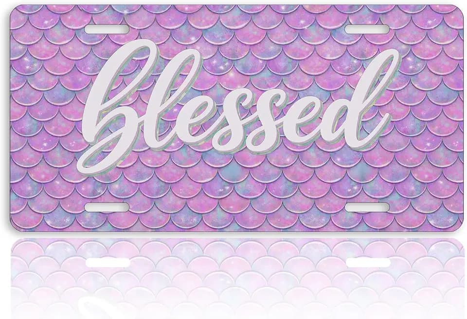 Mermaid Scale Front License Plate for Women Pastel Glitter Blessed Purple Pink Car Vanity Plates Decorative Aluminum Metal Cute Novelty License Plate for Men 6x12 Inch (4 Holes)