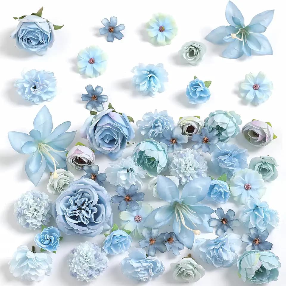 rongflower Fake Flower Heads for Crafts - Blue Silk Artificial Roses, Peonies, Daisies & Mini Floral Heads Bulk (48-Pack) for Wedding Decor, Graduation Cap, Cake Topper, Baby Shower, Home Decoration