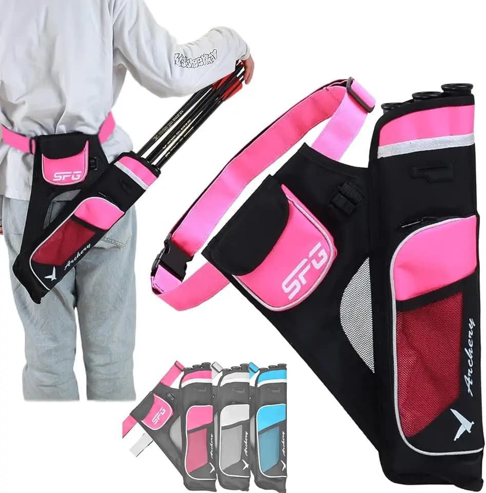 Archery Arrow Quiver Holder – 3 Tube Waist Belt Hip Quiver Arrow Holder with Pockets, Adjustable Fit for Youth & Adult Recurve Compound Bow Hunting Target Shooting