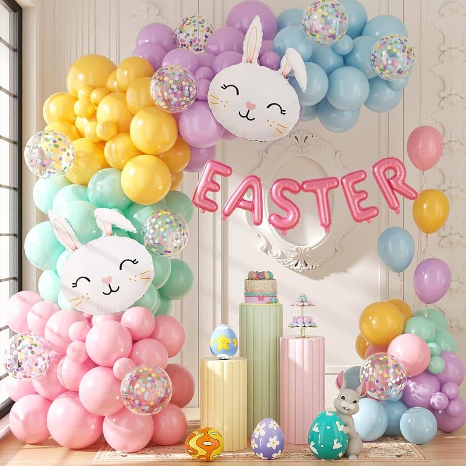 Easter Decorations Indoor Outdoor Balloon Arch Kit, Rainbow Easter Balloon Garland Kit,Happy Easter Color Balloons,Easter Bunny Balloons for Rainbow Easter Birthday Party Decorations