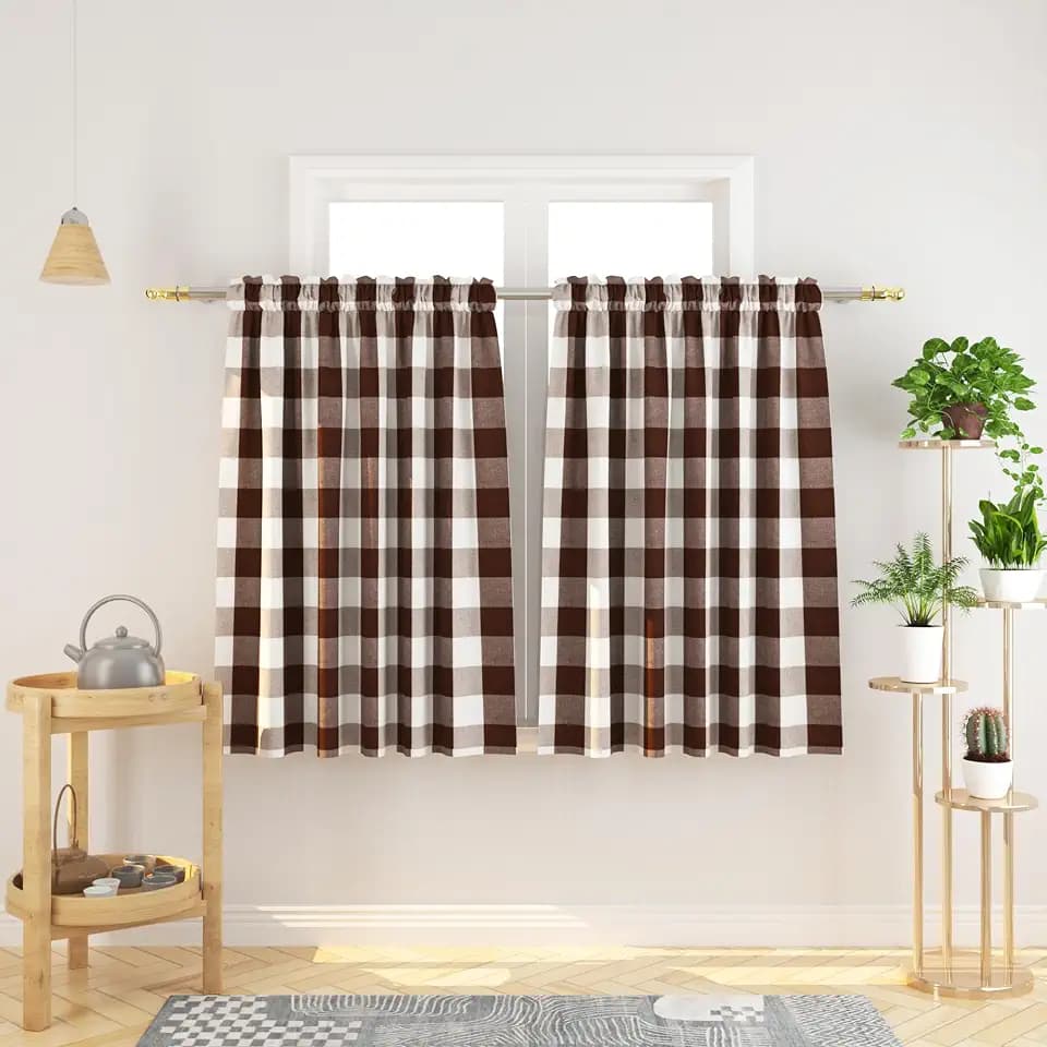 Buffalo Check Kitchen Tier Curtains 36 inches Long Plaid Gingham Rod Pocket Classic Short Small Cafe Curtains Country Farmhouse Bathroom Window Curtains 2 Panels Brown & White