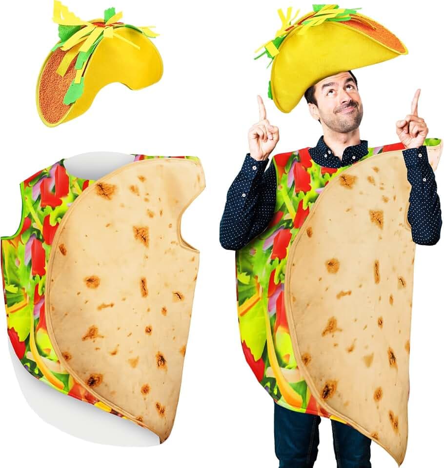 Hicarer Taco-Kostüm für Erwachsene, lustiges Kostüm zum Thema Essen mit Taco-Hut, Tortilla-Outfit im Stil von mexikanischen Burritos, Halloween-Verkleidung