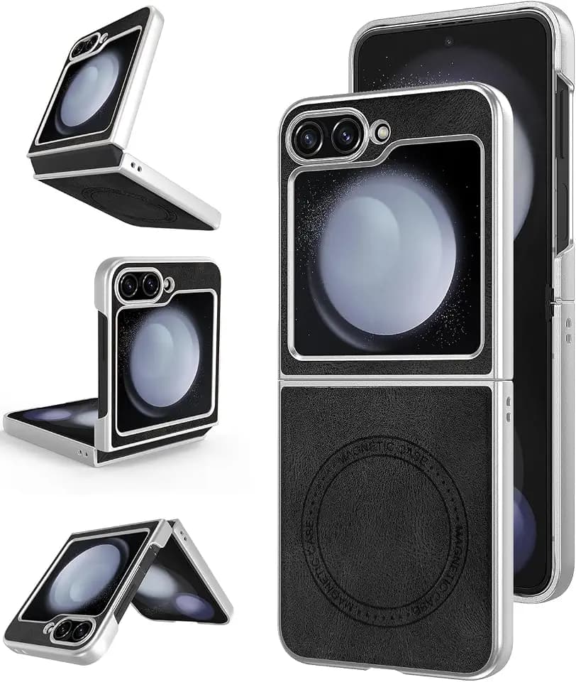 for Samsung Galaxy Z Flip 6 5G Leather Case, [Compatible with MagSafe] PU Leather + Hard PC Shell Slim Durable Protective Phone Case Cover for Samsung Galaxy Z Flip6 5G 2024 (Black)