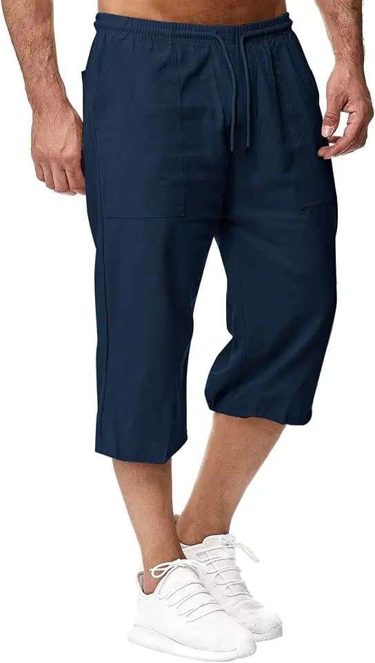 Herren Leinen Shorts Strand Shorts Sommer Loose Fit Casual Kordelzug Taschen Urlaub Hosen mit Taschen
