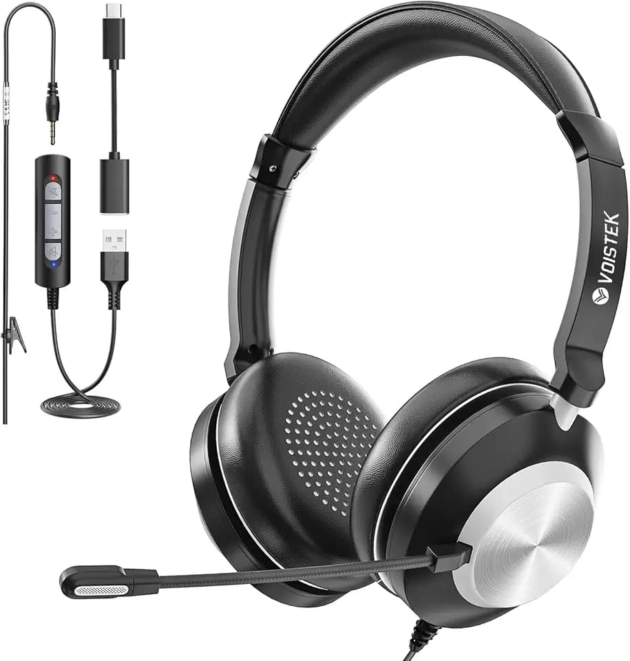 Voistek USB Headset with Microphone for PC & Laptop, On-Ear Computer Headset with Microphone Noise Canceling, Mute & Volume Controls for Zoom, Teams, Online Meetings, Remote Work, Home Office