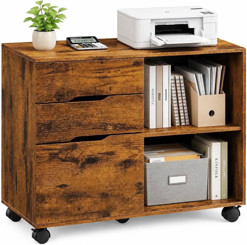 Simple Deluxe 3 Drawer Rolling File Cabinet, Wood Printer Stand with Adjustable Shelf for Home Office Study Organizatiom, Brown