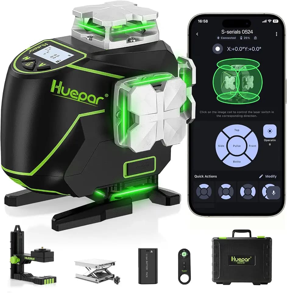 Huepar Laser Level 360 Self Leveling, S04CG 4x360° Green 4D Cross Line Laser with LCD Screen, Bluetooth Outdoor Pulse Mode, Remote Control, Rechargeable 16 Lines Laser Tool for Construction/Tile/Floor