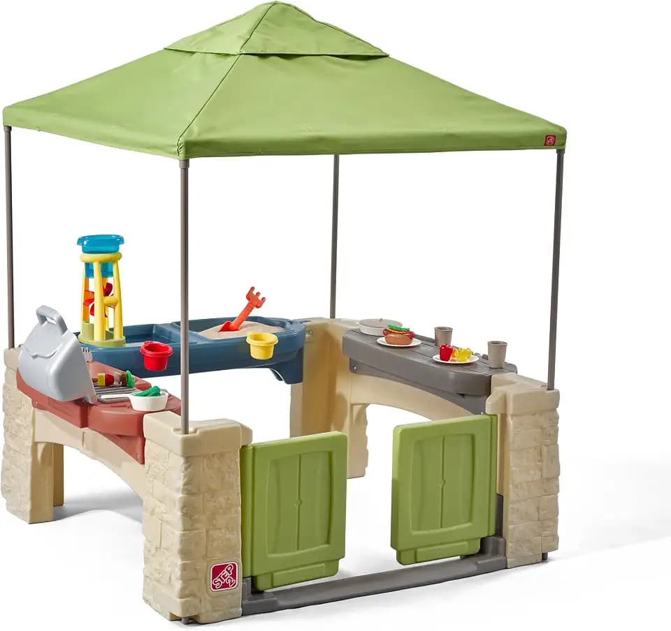 Step2 All Around Playtime Patio with Canopy Playset – Shaded Outdoor Playhouse for Kids with Realistic, Interactive Features, Room for Multiple Toddlers to Play – Dimensions: 60" H x 47.5" W x 47.5" D