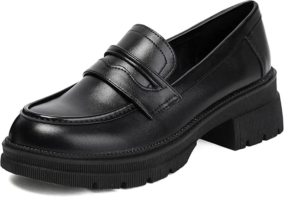 MASIKA Black Platform Loafers for Women - Women's Fashion Slip-On Leather Loafers, Chunky Shoes for Work & Dressy Occasions.