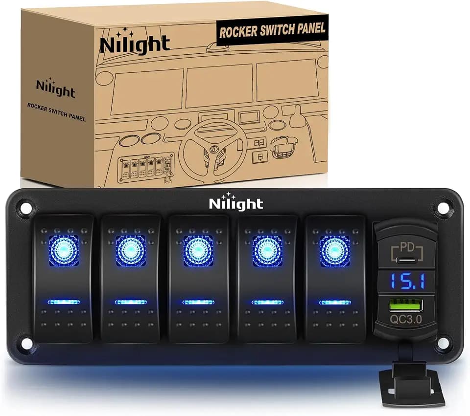 Nilight 5 Gang Rocker Switch Panel w/PD Type C and USB Socket Voltmeter