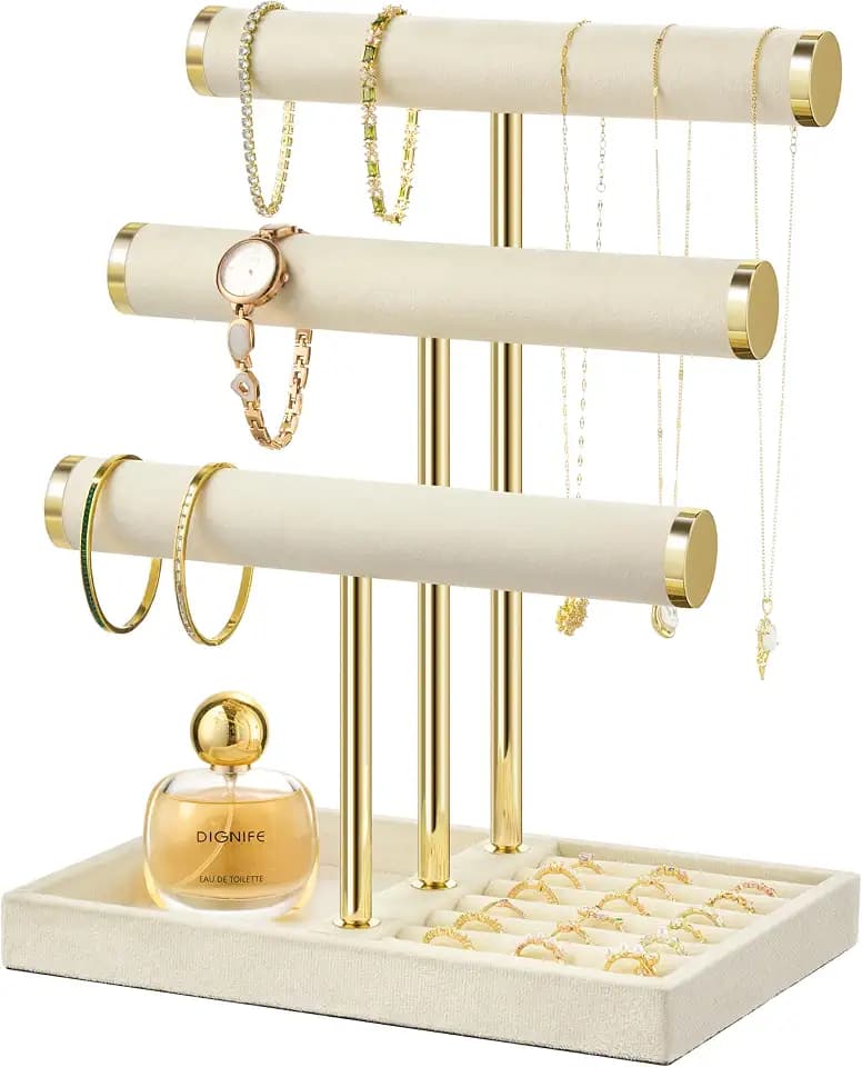 Josmimic Schmuck Organizer mit 3 Ebenen - Groß Beige Schmuckständer Armbänder, Abnehmbarer T-Steg Schmuck Ständer, Samt-Armbandhalter, Schmuckhalter für Armband, Halskette, Uhren, Ringe
