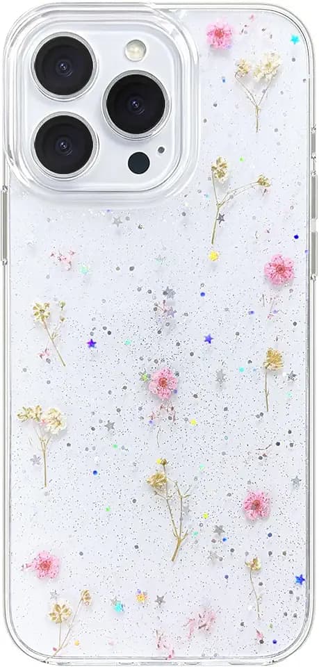 Abbery Compatible for iPhone 14 Pro Case Clear with Pink Gypsophila Floral Design Glitter Cute Soft Silicone Aesthetic Real Dried Pressed Litte Flower Women Girls Phone Cover Shell