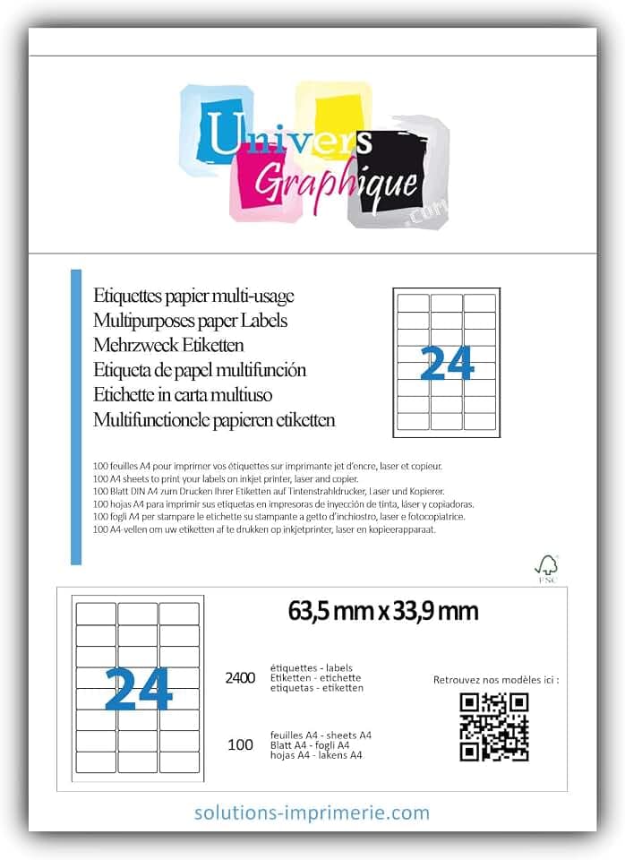 2400 Etiketten, 63,5 x 33,9 mm, L7159, Mehrzweck-Etikett für Drucker, 100 Bögen mit 24 Etiketten (L7159), Beutel mit 100 Stück, Hersteller: Universum Grafik®, Rechnung mit ausgewiesener MwSt