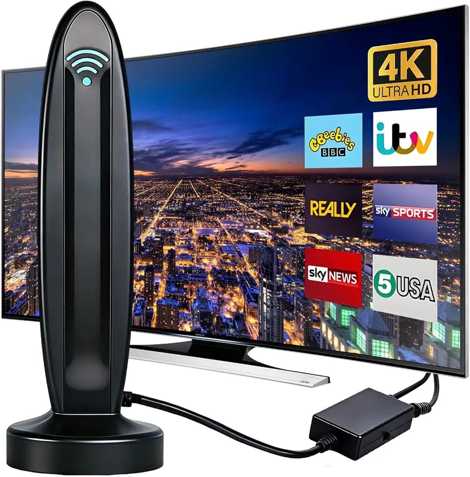 DVB-T2 Antenne mit Verstärker für Innen - Zimmerantenne für Fernseher, DVB-T/T2, TV Antenne 4K UHD Full HD, 360° Empfang bis 500 km, kostenlose Sender
