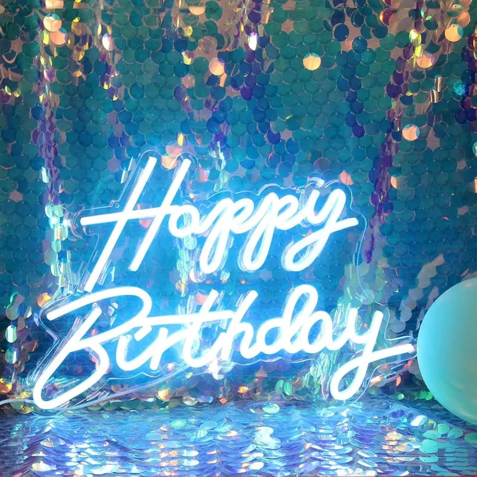 LED Neon Happy Birthday Sign Night Light Birthday Party Decorations Ice Blue USB Operated Decorative for Backdrop Party Bedroom Wall Décor 5v