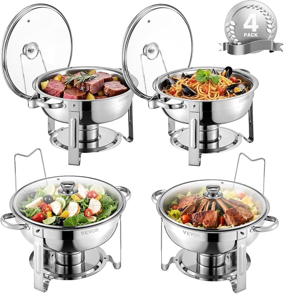 VEVOR Chafing Dish Buffet Speisenwärmer mit 4 Behältern in voller Größe (4,7 L pro), runder Catering-Wärmespender mit Glasdeckel & Wasserpfanne & klappbarer Ständer, für Hochzeiten Buffet Silber